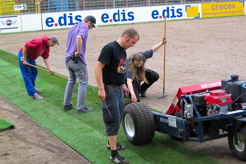 Sparsamkeit made in Babelsberg: Fans verlegen den neuen Rasen 2004