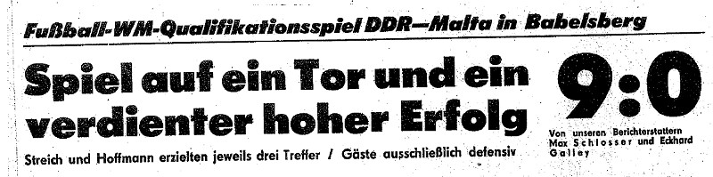 Schlagzeile zum Länderspiel DDR vs. Malta im Karli